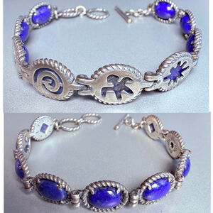 Carolyn Pollack Double Sided Lapis Lazuli Native Motifs Sterling Silver Bracelet